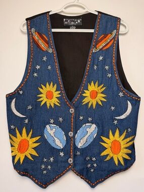 Agapo Womens Embroidered Vest Size M/L Denim Cottagecore Boho Stars Moon Western